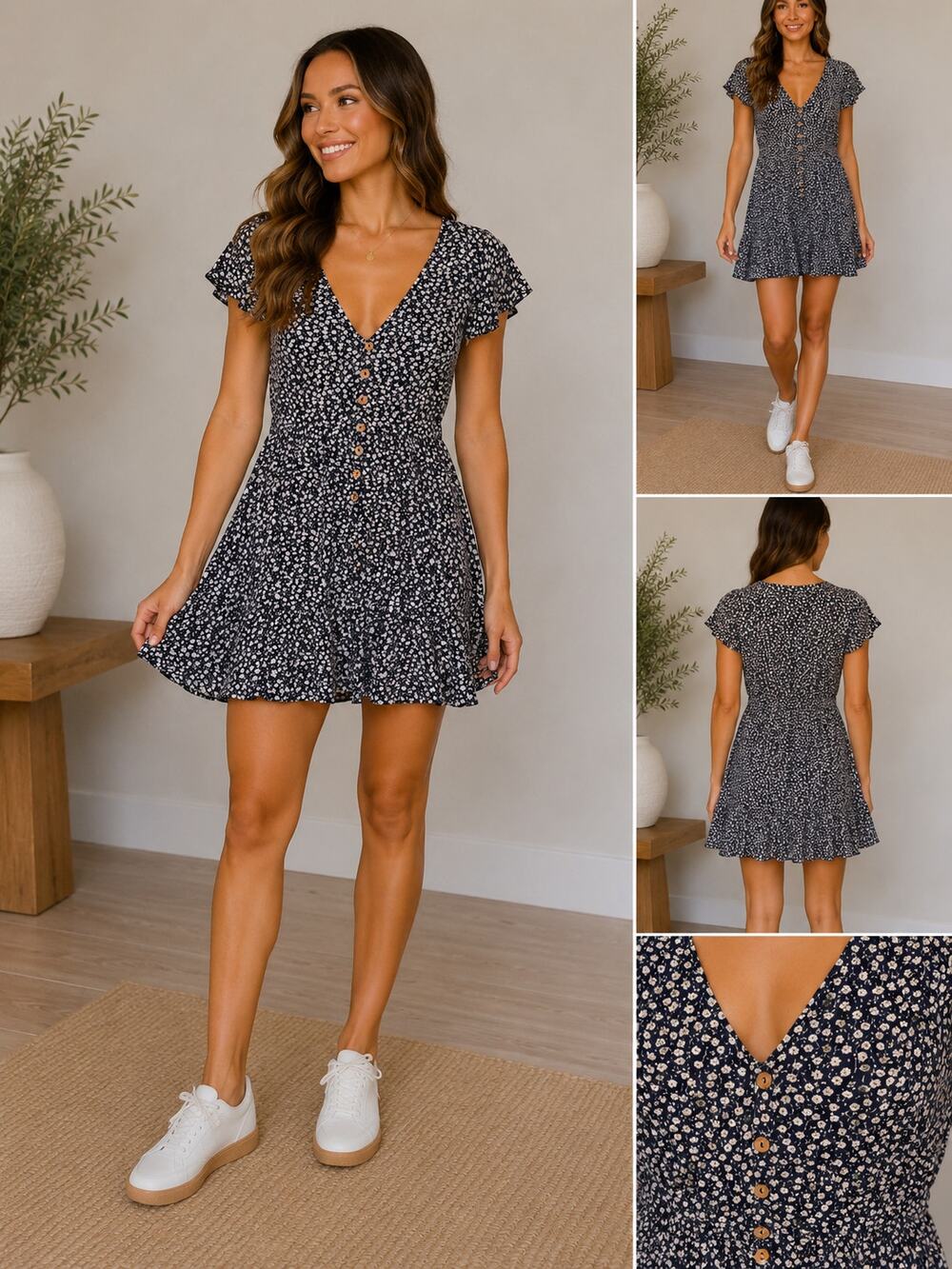 Hello Molly Navy Floral Babydoll Mini Dress Size Small US 4